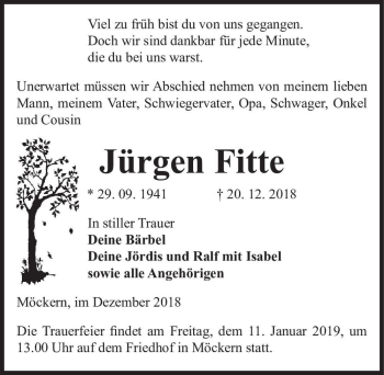 Traueranzeige von Jürgen Fitte  von Magdeburger Volksstimme