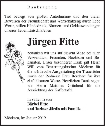 Traueranzeige von Jürgen Fitte  von Magdeburger Volksstimme