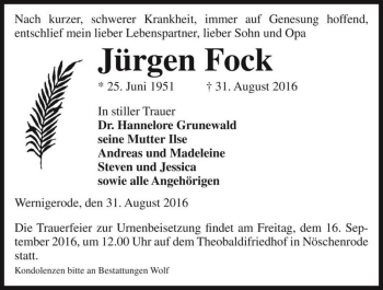 Traueranzeige von Jürgen Fock  von Magdeburger Volksstimme