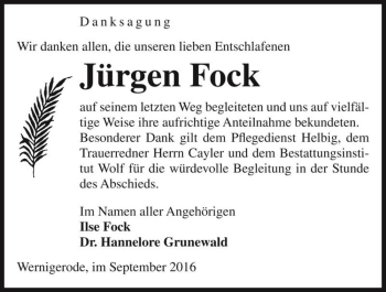 Traueranzeige von Jürgen Fock  von Magdeburger Volksstimme