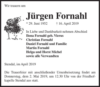 Traueranzeige von Jürgen Fornahl  von Magdeburger Volksstimme