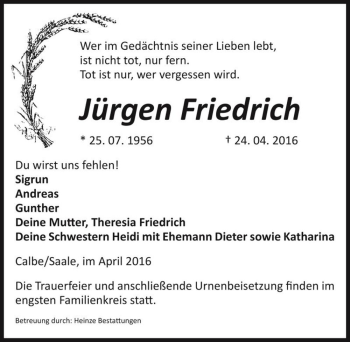Traueranzeige von Jürgen Friedrich  von Magdeburger Volksstimme