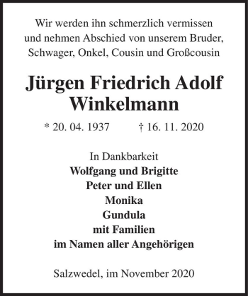 Traueranzeige von Jürgen Friedrich Adolf Winkelmann  von Magdeburger Volksstimme