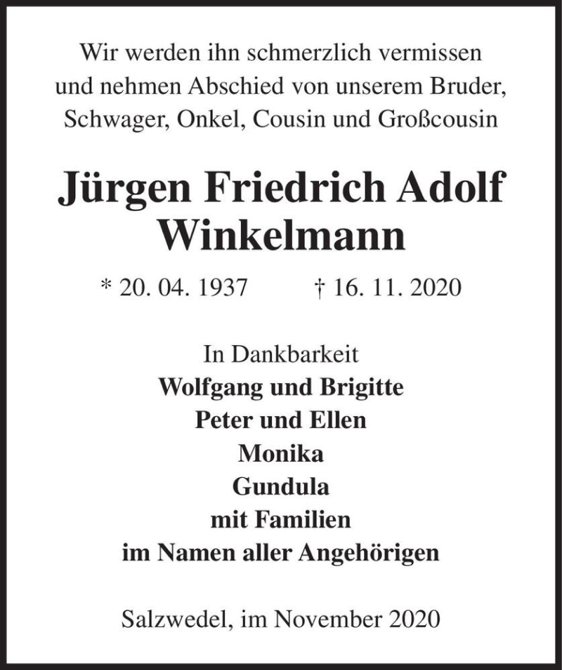  Traueranzeige für Jürgen Friedrich Adolf Winkelmann  vom 28.11.2020 aus Magdeburger Volksstimme