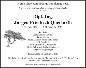 Traueranzeige von Jürgen Friedrich Querfurth  von Magdeburger Volksstimme