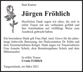 Traueranzeige von Jürgen Fröhlich  von Magdeburger Volksstimme