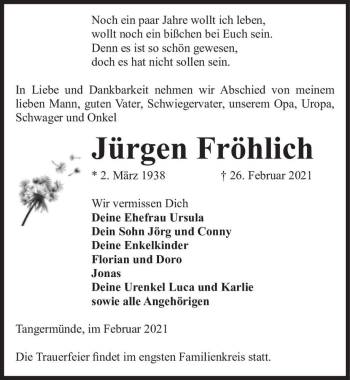 Traueranzeige von Jürgen Fröhlich  von Magdeburger Volksstimme