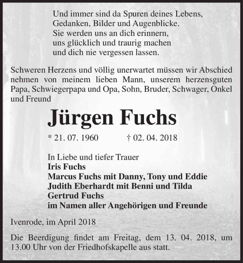  Traueranzeige für Jürgen Fuchs  vom 11.04.2018 aus Magdeburger Volksstimme