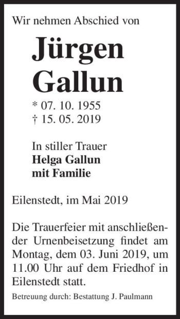 Traueranzeige von Jürgen Gallun  von Magdeburger Volksstimme