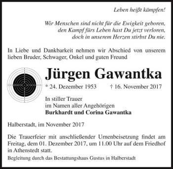 Traueranzeige von Jürgen Gawantka  von Magdeburger Volksstimme