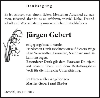 Traueranzeige von Jürgen Gebert  von Magdeburger Volksstimme