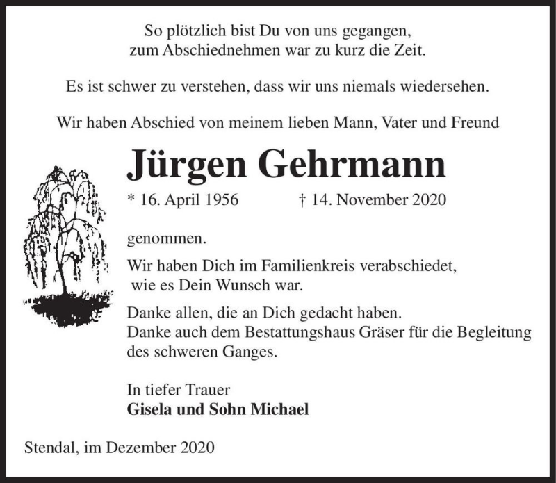  Traueranzeige für Jürgen Gehrmann  vom 17.12.2020 aus Magdeburger Volksstimme