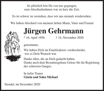 Traueranzeige von Jürgen Gehrmann  von Magdeburger Volksstimme