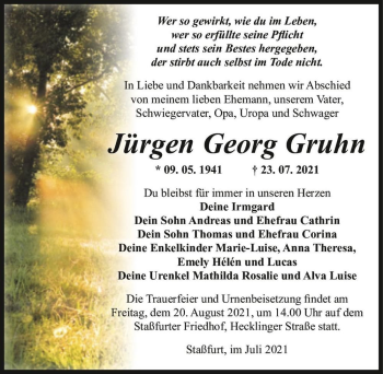 Traueranzeige von Jürgen Georg Gruhn  von Magdeburger Volksstimme