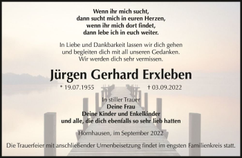 Traueranzeige von Jürgen Gerhard Erxleben  von Magdeburger Volksstimme