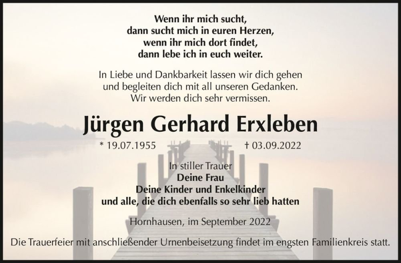  Traueranzeige für Jürgen Gerhard Erxleben  vom 17.09.2022 aus Magdeburger Volksstimme