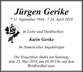 Traueranzeige von Jürgen Gericke  von Magdeburger Volksstimme