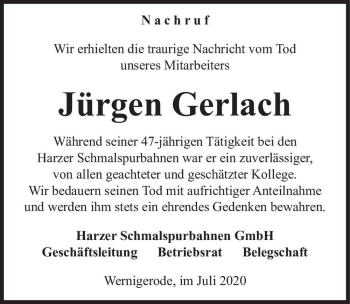 Traueranzeige von Jürgen Gerlach  von Magdeburger Volksstimme