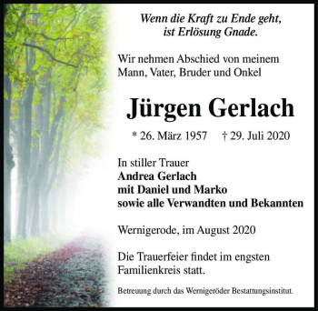Traueranzeige von Jürgen Gerlach  von Magdeburger Volksstimme