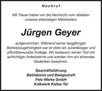Traueranzeige von Jürgen Geyer  von Magdeburger Volksstimme