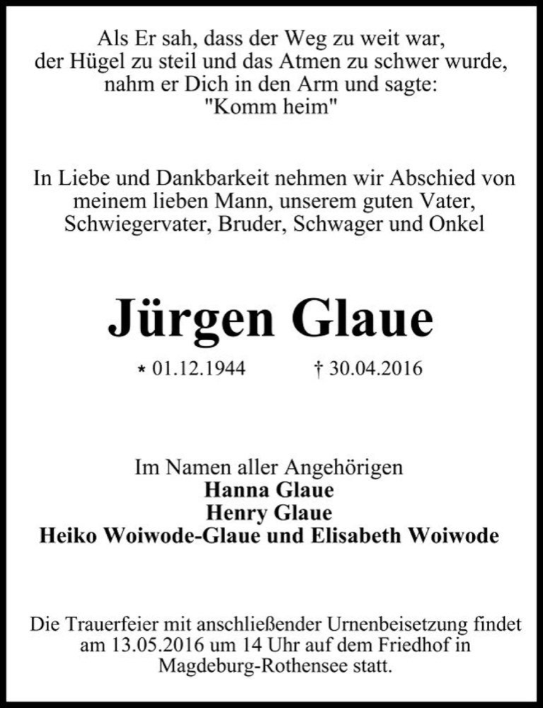  Traueranzeige für Jürgen Glaue  vom 07.05.2016 aus Magdeburger Volksstimme