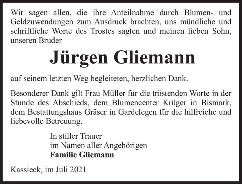  Traueranzeige für Jürgen Gliemann  vom 22.07.2021 aus Magdeburger Volksstimme
