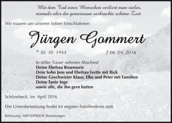 Traueranzeige von Jürgen Gommert  von Magdeburger Volksstimme