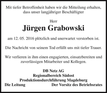 Traueranzeige von Jürgen Grabowski  von Magdeburger Volksstimme