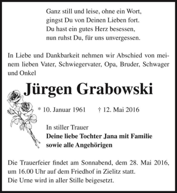 Traueranzeige von Jürgen Grabowski  von Magdeburger Volksstimme