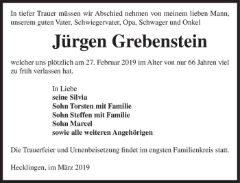 Traueranzeige von Jürgen Grebenstein  von Magdeburger Volksstimme