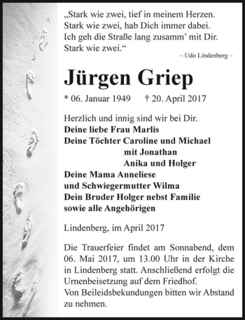 Traueranzeige von Jürgen Griep  von Magdeburger Volksstimme