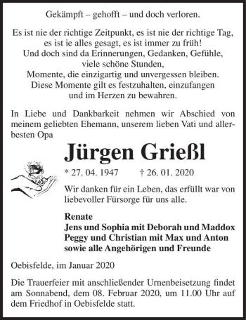 Traueranzeige von Jürgen Grießl  von Magdeburger Volksstimme