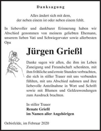 Traueranzeige von Jürgen Grießl  von Magdeburger Volksstimme