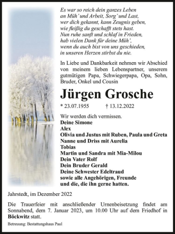 Traueranzeige von Jürgen Grosche  von Magdeburger Volksstimme