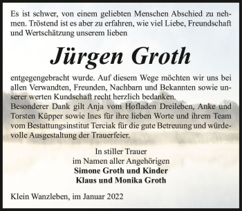 Traueranzeige von Jürgen Groth  von Magdeburger Volksstimme