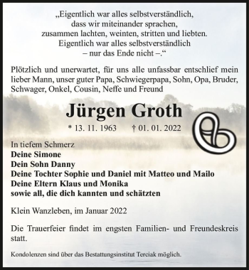 Traueranzeige von Jürgen Groth  von Magdeburger Volksstimme