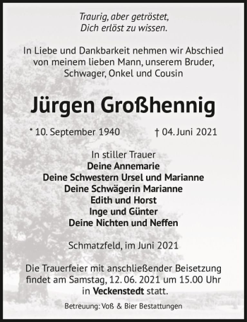 Traueranzeige von Jürgen Großhennig  von Magdeburger Volksstimme