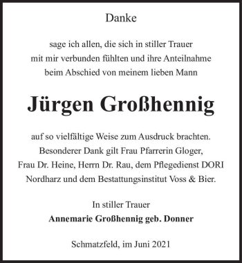 Traueranzeige von Jürgen Großhennig  von Magdeburger Volksstimme
