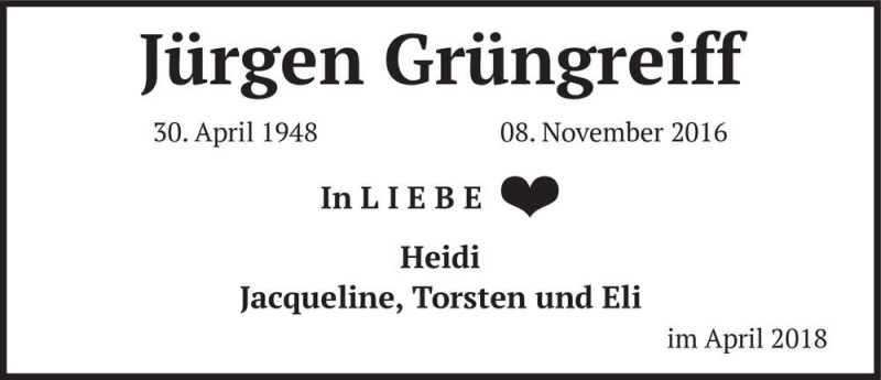  Traueranzeige für Jürgen Grüngreiff  vom 28.04.2018 aus Magdeburger Volksstimme