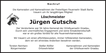 Traueranzeige von Jürgen Gutsche  von Magdeburger Volksstimme