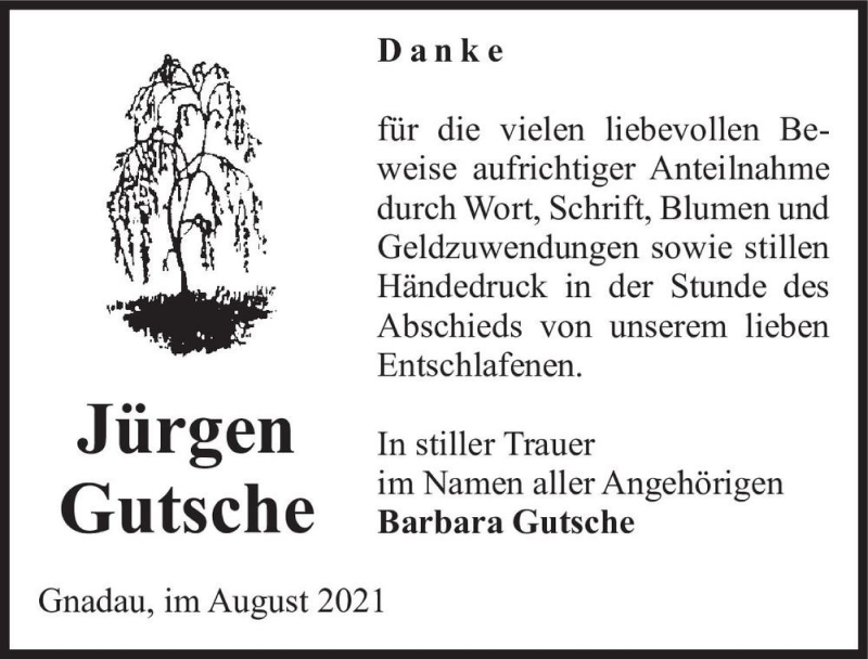 Traueranzeige für Jürgen Gutsche  vom 14.08.2021 aus Magdeburger Volksstimme
