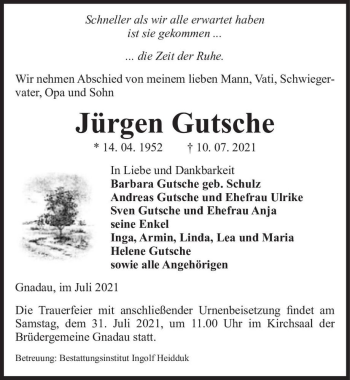 Traueranzeige von Jürgen Gutsche  von Magdeburger Volksstimme