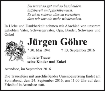 Traueranzeige von Jürgen Göhre  von Magdeburger Volksstimme