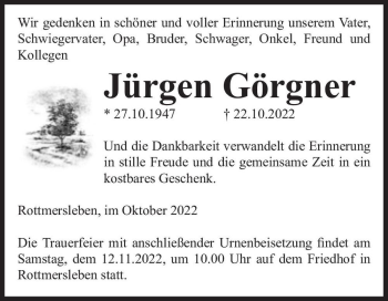 Traueranzeige von Jürgen Görgner  von Magdeburger Volksstimme