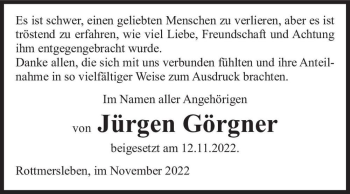 Traueranzeige von Jürgen Görgner  von Magdeburger Volksstimme