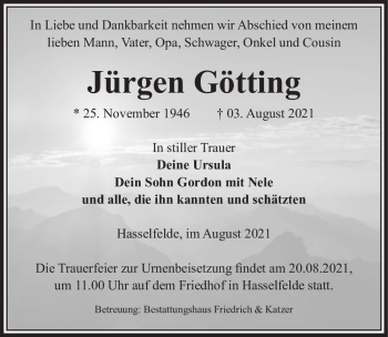 Traueranzeige von Jürgen Götting  von Magdeburger Volksstimme