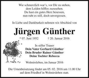Traueranzeige von Jürgen Günther  von Magdeburger Volksstimme