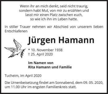 Traueranzeige von Jürgen Hamann  von Magdeburger Volksstimme