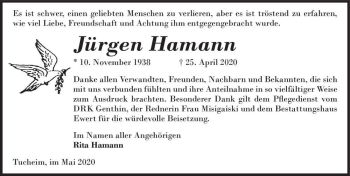 Traueranzeige von Jürgen Hamann  von Magdeburger Volksstimme