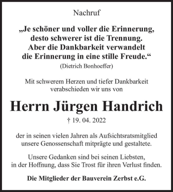 Traueranzeige von Jürgen Handrich  von Magdeburger Volksstimme